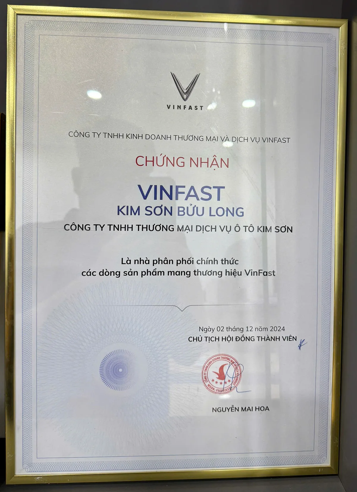Chứng nhận VinFast Kim Sơn Bửu Long là Nhà phân phối chính thức các dòng sản phẩm mang thương hiệu VinFast