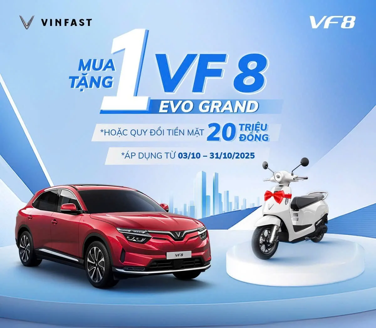 ƯU ĐÃI MUA XE VF8 THÁNG 10/2025: TẶNG 1 XE MÁY ĐIỆN EVO GRAND